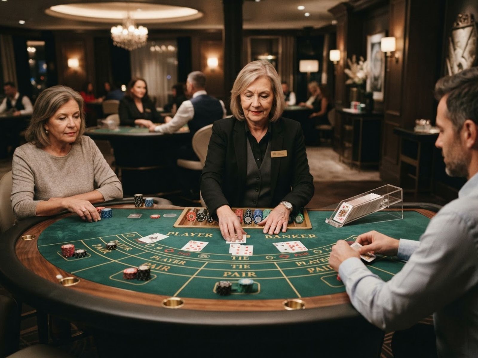 Table de baccarat avec cartes et marqueurs