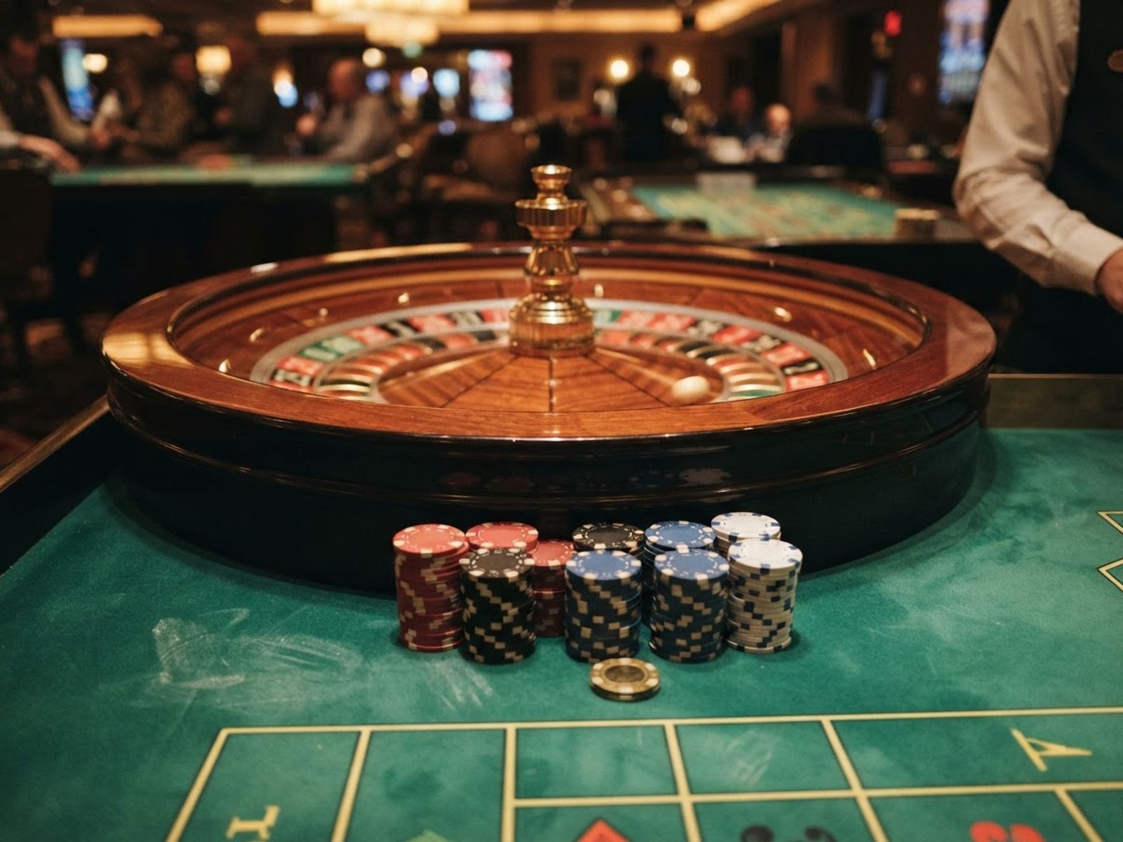 Roue de roulette et jetons sur tapis vert