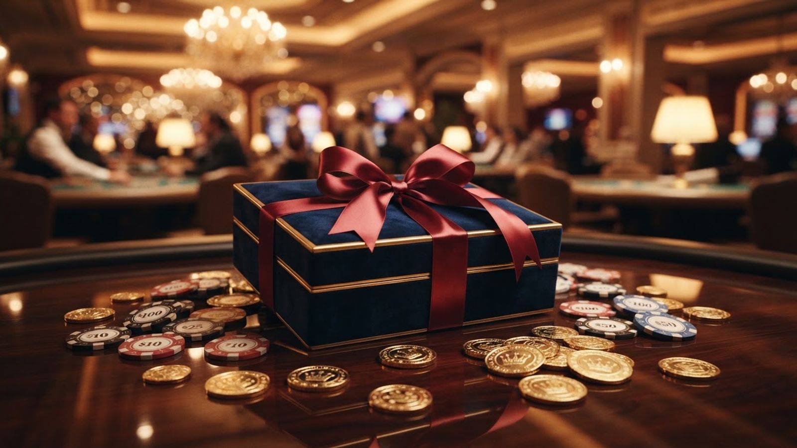 Boîte cadeau et jetons de casino sur une surface