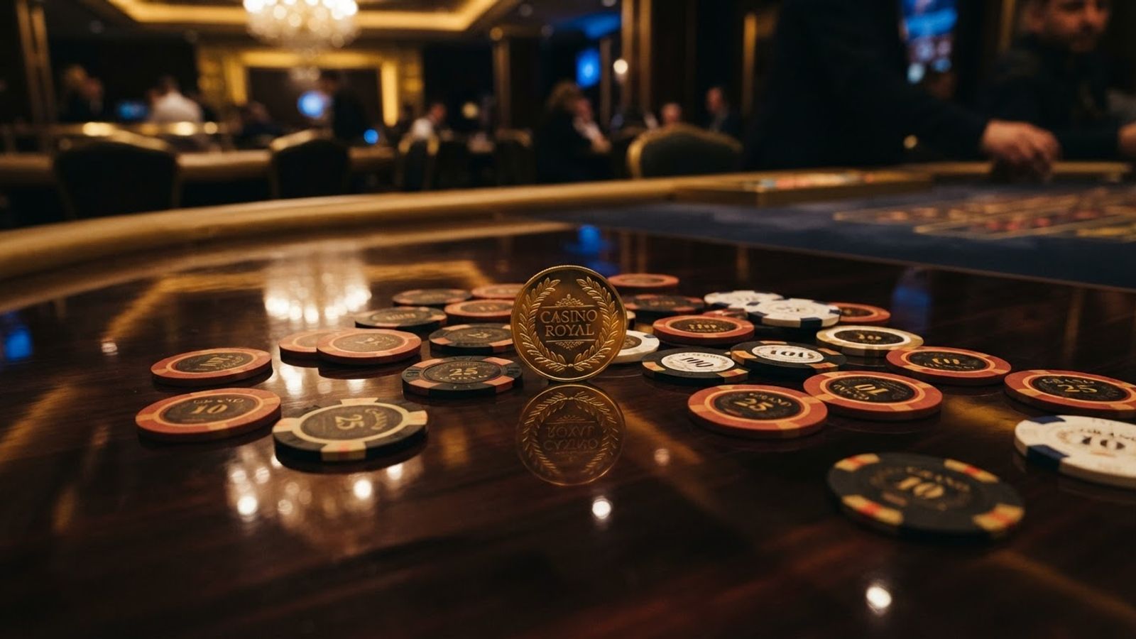 Jetons de casino et pièce sur surface brillante